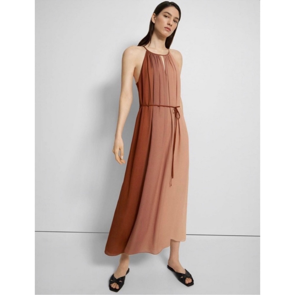 Theory 100% Silk Neutral Halter Maxi Dress in Dip-Dye Crepe NWT Size S